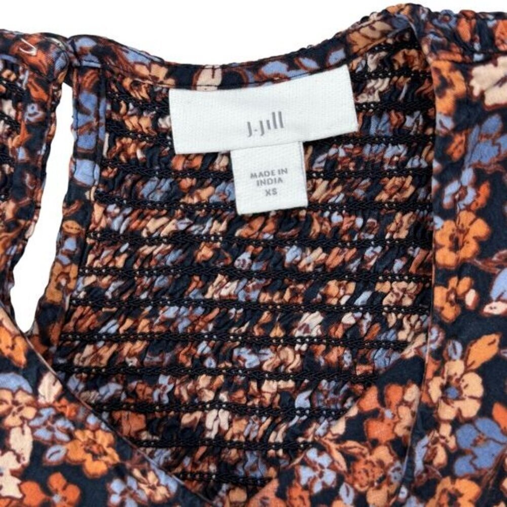 J Jill Printed Tiered Tunic Floral Size XS Navy Blue A-Line Smocked Long Sleeve - Picture 7 of 9